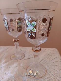 Vintage Gold Crystal 1 Set Wine Glasses Engraved with Gold, Flowers & Shapes