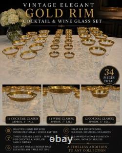 Vintage Gold Rim Floral Cocktail & Wine Glass Set 34pc (Cocktail/Wine/Cordial)