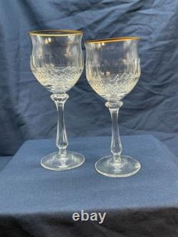 Vintage Gold Rimmed Crystal Wine & Water Glass Set Diamond Cut 12 pc Italy