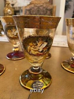 Vintage Gold trimmed Murano wine glass with Cherubs set of 5 made in Italy