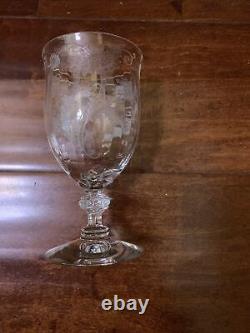 Vintage Granada crystal Sunflower Leaf Floral etched stemware Wine Goblets Set 7