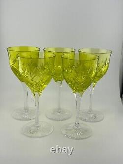 Vintage Green Cut To Clear Etched 6.5 Wine Glasses Set Of 5
