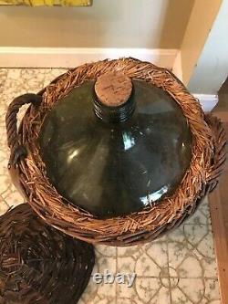Vintage Green Glass Demijohn Wine Bottle in Wicker Basket Glass Carboy 25