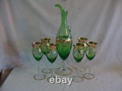 Vintage Green Glass Italy Stunning Decanter With6 Wine Glasses Goblets Gold Trim
