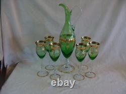Vintage Green Glass Italy Stunning Decanter With6 Wine Glasses Goblets Gold Trim