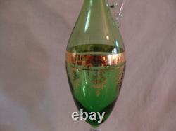 Vintage Green Glass Italy Stunning Decanter With6 Wine Glasses Goblets Gold Trim