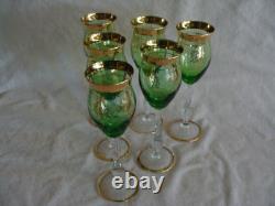 Vintage Green Glass Italy Stunning Decanter With6 Wine Glasses Goblets Gold Trim