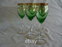 Vintage Green Glass Italy Stunning Decanter With6 Wine Glasses Goblets Gold Trim