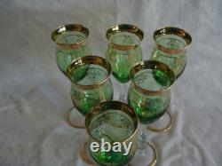 Vintage Green Glass Italy Stunning Decanter With6 Wine Glasses Goblets Gold Trim