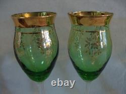 Vintage Green Glass Italy Stunning Decanter With6 Wine Glasses Goblets Gold Trim