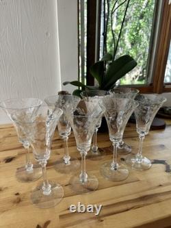 Vintage HEISEY ORCHID Set of 8 TALL WATER-WINE Elegant GLASSES ETCHED 8 1/4