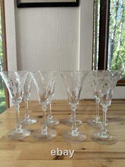 Vintage HEISEY ORCHID Set of 8 TALL WATER-WINE Elegant GLASSES ETCHED 8 1/4