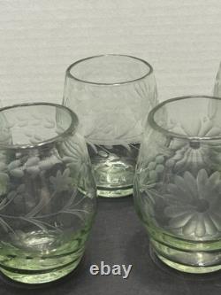 Vintage Hand Blown And Etched Green Stemless Wine Glasses 5 Total