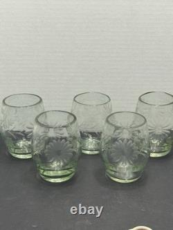 Vintage Hand Blown And Etched Green Stemless Wine Glasses 5 Total
