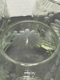 Vintage Hand Blown And Etched Green Stemless Wine Glasses 5 Total