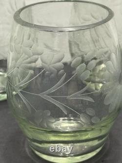 Vintage Hand Blown And Etched Green Stemless Wine Glasses 5 Total