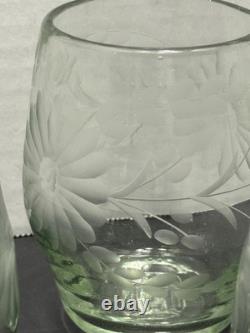 Vintage Hand Blown And Etched Green Stemless Wine Glasses 5 Total