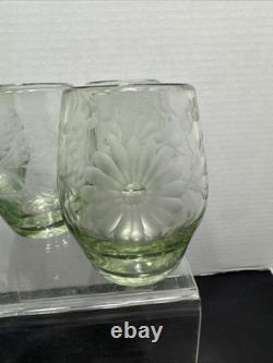 Vintage Hand Blown And Etched Green Stemless Wine Glasses 5 Total