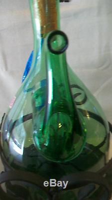 Vintage Hand Blown Green Glass Wine Bottle Decanter With Ice Chamber From Italy