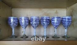Vintage Hand Blown Heavy Wine Glasses Set Of Six Ribbon Pattern. Cobalt Blue