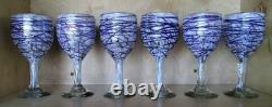 Vintage Hand Blown Heavy Wine Glasses Set Of Six Ribbon Pattern. Cobalt Blue
