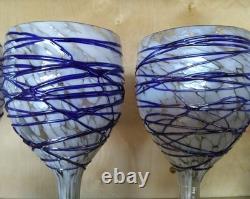 Vintage Hand Blown Heavy Wine Glasses Set Of Six Ribbon Pattern. Cobalt Blue