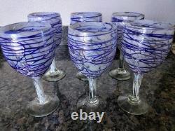 Vintage Hand Blown Heavy Wine Glasses Set Of Six Ribbon Pattern. Cobalt Blue