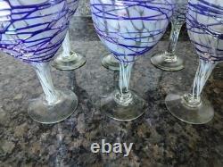 Vintage Hand Blown Heavy Wine Glasses Set Of Six Ribbon Pattern. Cobalt Blue