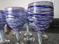 Vintage Hand Blown Heavy Wine Glasses Set Of Six Ribbon Pattern. Cobalt Blue