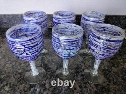 Vintage Hand Blown Heavy Wine Glasses Set Of Six Ribbon Pattern. Cobalt Blue