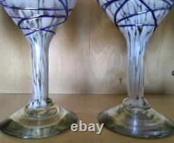 Vintage Hand Blown Heavy Wine Glasses Set Of Six Ribbon Pattern. Cobalt Blue