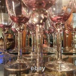 Vintage Hand Blown Pink/Clear Stem Polygon Wine Glasses