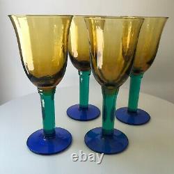 Vintage Handblown Glass Wine Water Goblet Glasses Amber Yellow Green Blue 8 oz