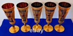 Vintage Handblown and 24k Gilt Champagne Flutes- Set of (5)