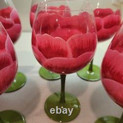 Vintage Hshkong hand painted rose stemmed wine glasses. Set of 7