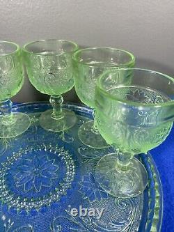 Vintage Indiana Tiara Decanter Wine Glass Set CHANTILLY GREEN 8 Goblets with Tray