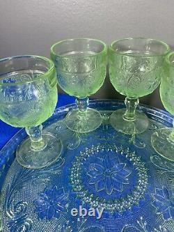 Vintage Indiana Tiara Decanter Wine Glass Set CHANTILLY GREEN 8 Goblets with Tray
