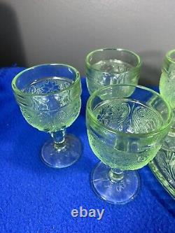 Vintage Indiana Tiara Decanter Wine Glass Set CHANTILLY GREEN 8 Goblets with Tray