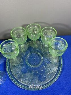 Vintage Indiana Tiara Decanter Wine Glass Set CHANTILLY GREEN 8 Goblets with Tray