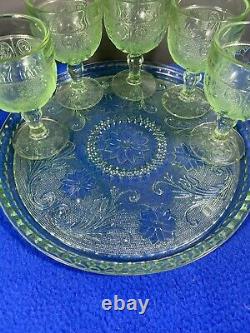 Vintage Indiana Tiara Decanter Wine Glass Set CHANTILLY GREEN 8 Goblets with Tray