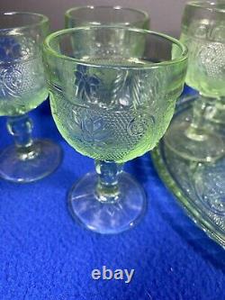 Vintage Indiana Tiara Decanter Wine Glass Set CHANTILLY GREEN 8 Goblets with Tray