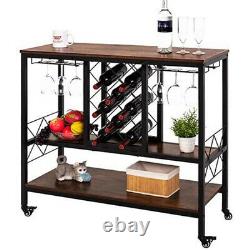 Vintage Industrial Bar Cabinet with Storage Wine Rack Table with Glass Holder