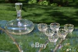 Vintage Iridescent Starburst Etched Wine Liquor Decanter with Roly Poly Glasses