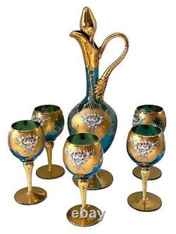 Vintage Italian Murano Venetian Blue withGold Gild 24K Decanter Set w Wine Glasses