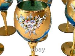 Vintage Italian Murano Venetian Blue withGold Gild 24K Decanter Set w Wine Glasses