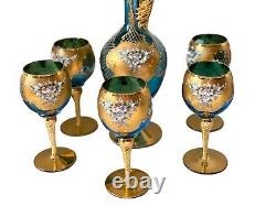 Vintage Italian Murano Venetian Blue withGold Gild 24K Decanter Set w Wine Glasses