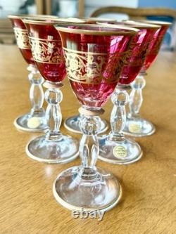 Vintage Italian Ruby Red Wine Glasses Set of 6 Gold Gilt Scroll Murano Style