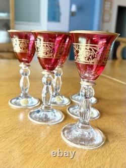 Vintage Italian Ruby Red Wine Glasses Set of 6 Gold Gilt Scroll Murano Style