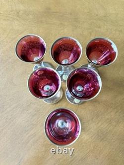 Vintage Italian Ruby Red Wine Glasses Set of 6 Gold Gilt Scroll Murano Style