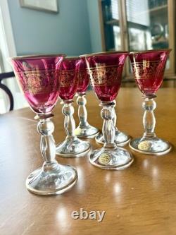 Vintage Italian Ruby Red Wine Glasses Set of 6 Gold Gilt Scroll Murano Style